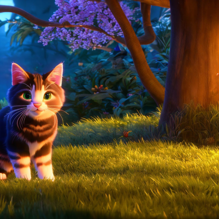 Curious striped cartoon kitten in vibrant forest scene