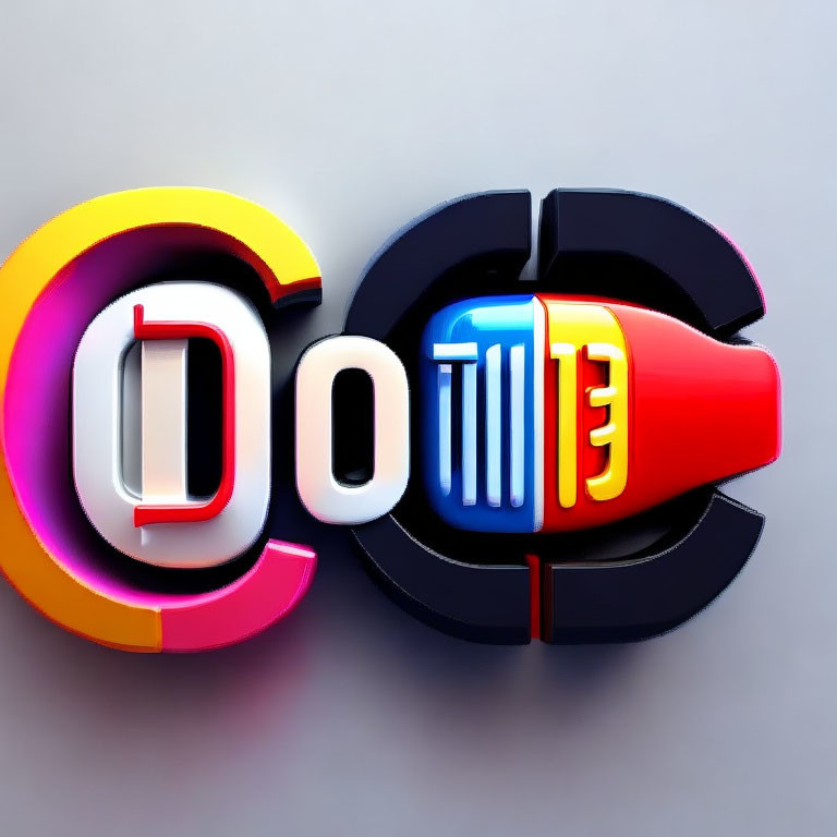 Vibrant 3D text "DOT" with capsule pill for letter "O" on grey