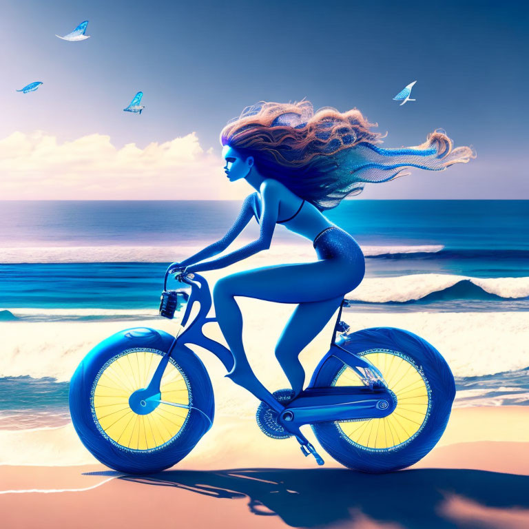 Surreal blue woman on bicycle by beach with birds