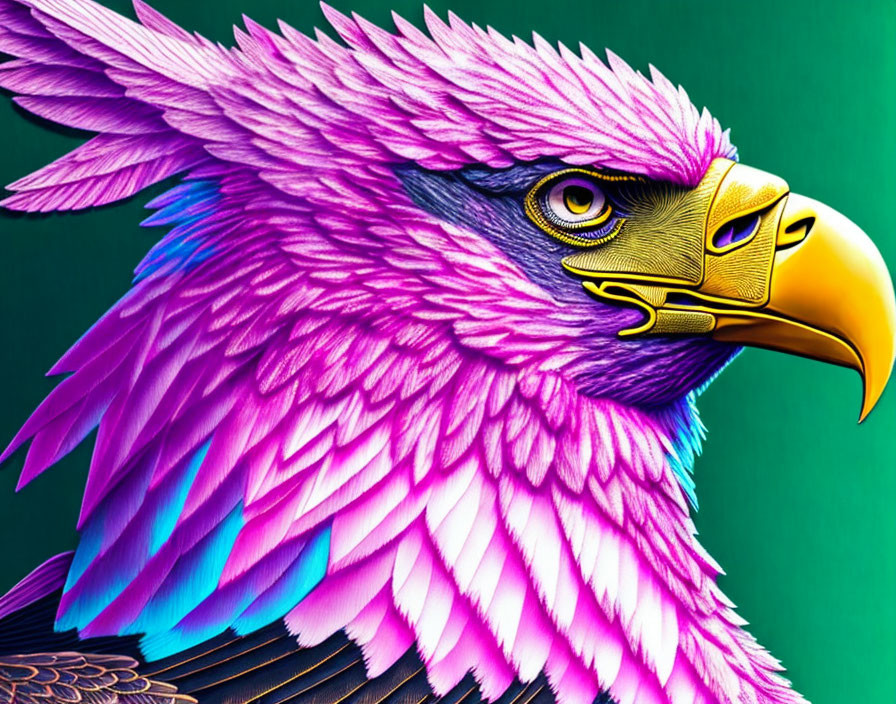 Colorful Eagle Illustration with Pink and Purple Feathers on Green Background