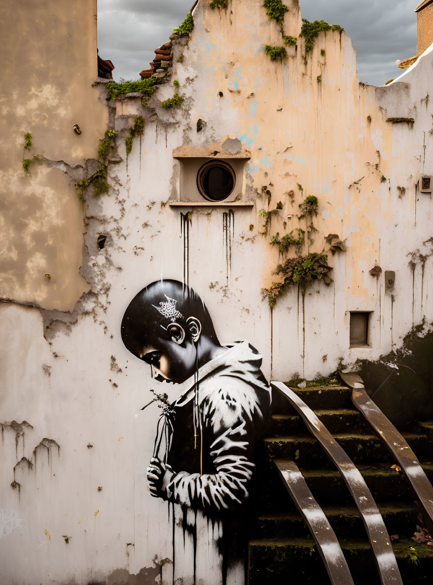 Monochrome street art mural of person with helmet and patterned clothing on weathered building wall.