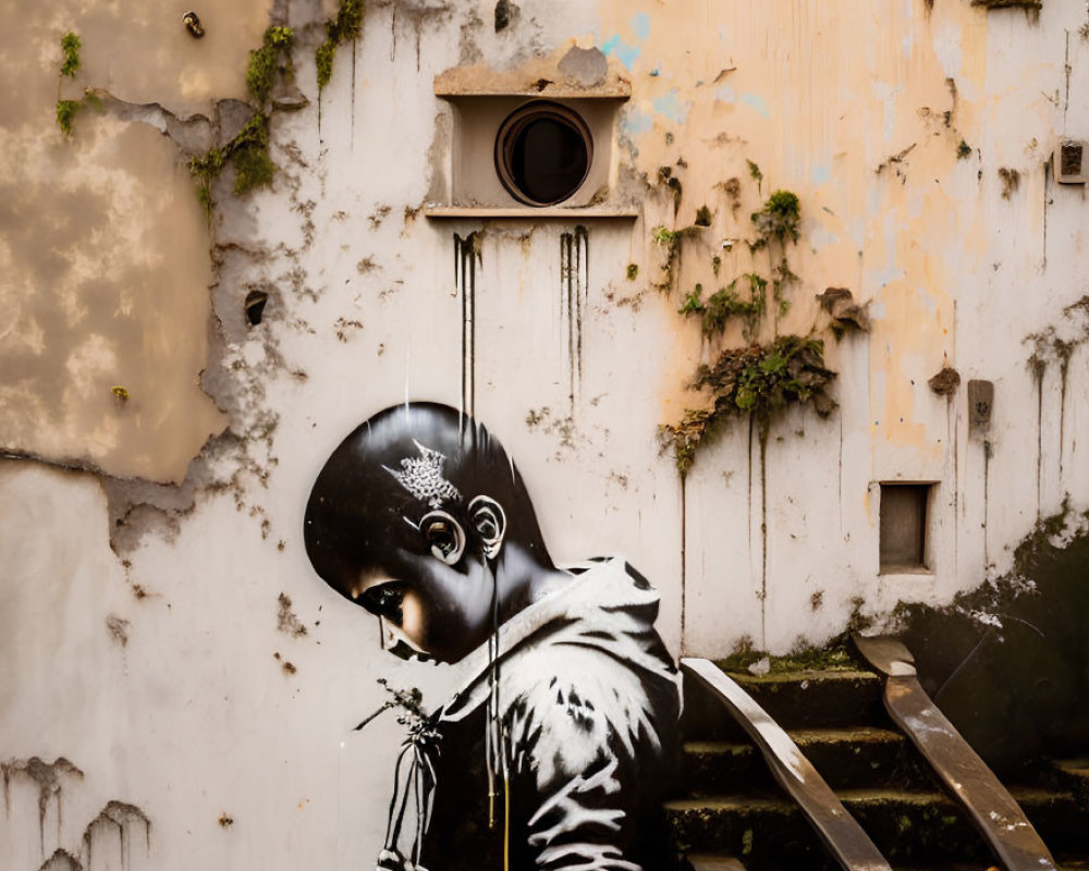 Monochrome street art mural of person with helmet and patterned clothing on weathered building wall.