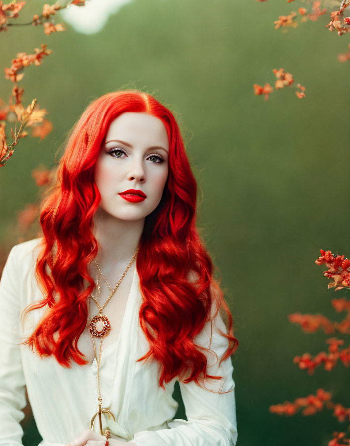 Striking red-haired woman in cream blouse on soft green background