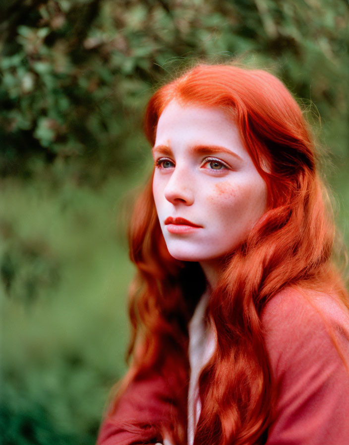 Red-haired woman with fair skin against green foliage