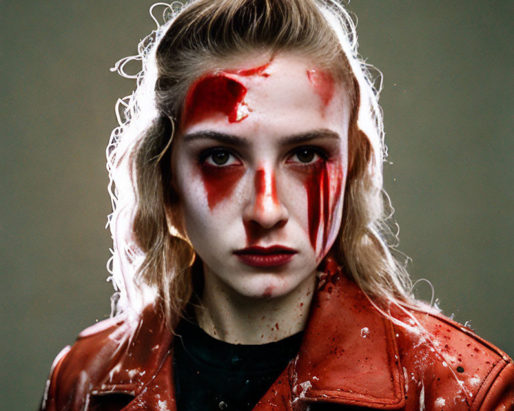 Person with dramatic red makeup and disheveled hair in red leather jacket stares hauntingly