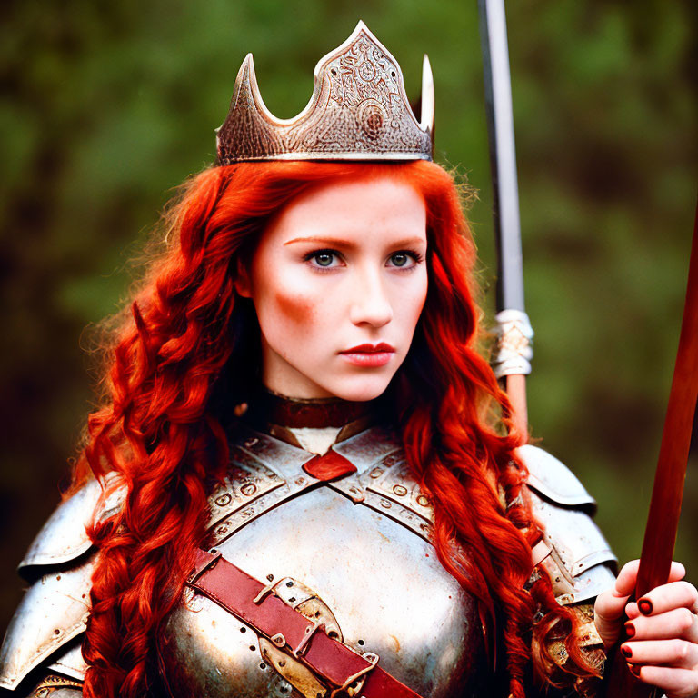 Red-haired woman in medieval armor with crown holding a sword