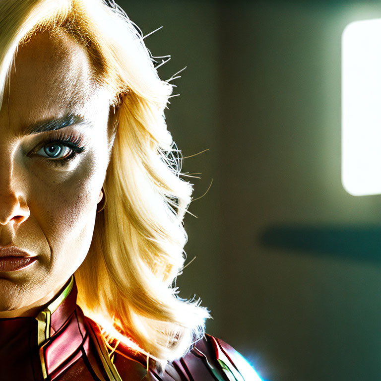 Blonde Woman in Superhero Attire with Wavy Hair under Dramatic Sunlight