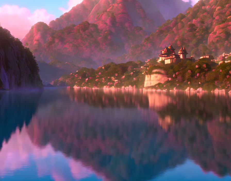 Tranquil landscape with castle by serene lake amid pink mountains