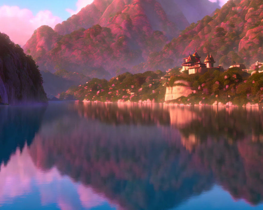 Tranquil landscape with castle by serene lake amid pink mountains