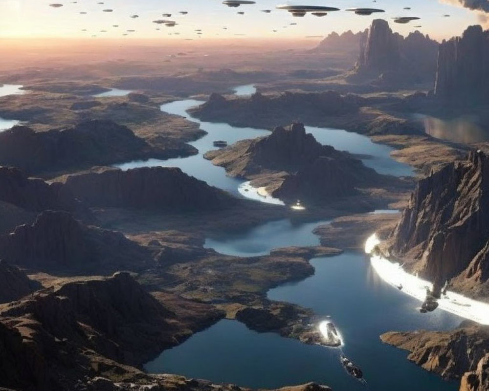 River winding through mountains with futuristic flying objects in twilight landscape