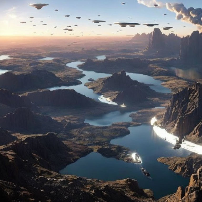 River winding through mountains with futuristic flying objects in twilight landscape