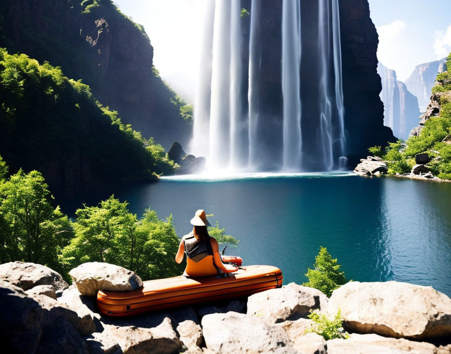 Person in yellow hat on orange raft near majestic waterfall and lush cliffs