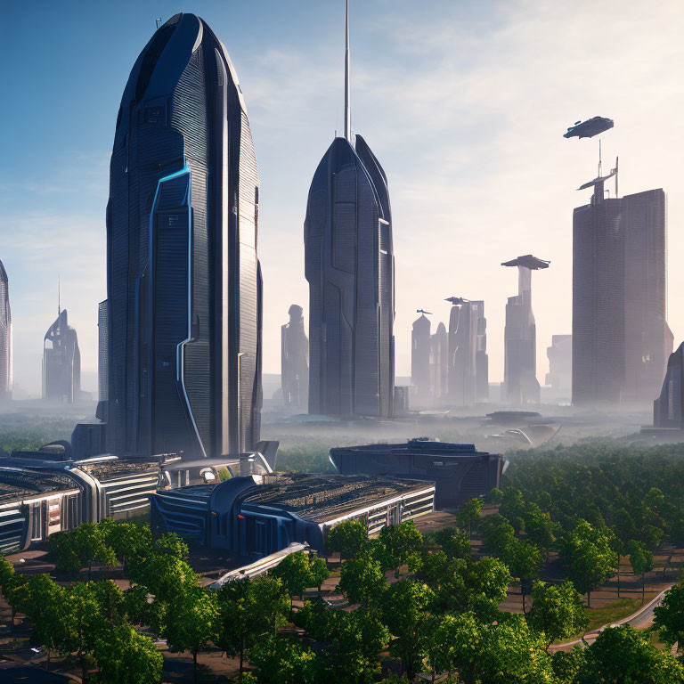 Futuristic cityscape with skyscrapers, flying vehicles, and greenery