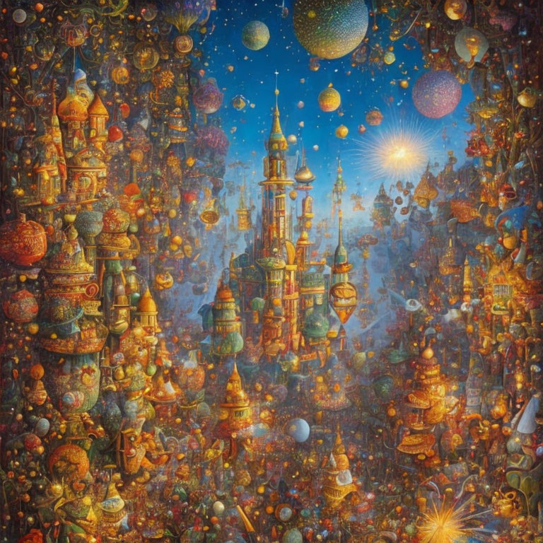 Fantastical celestial cities painting with intricate towers and starry sky