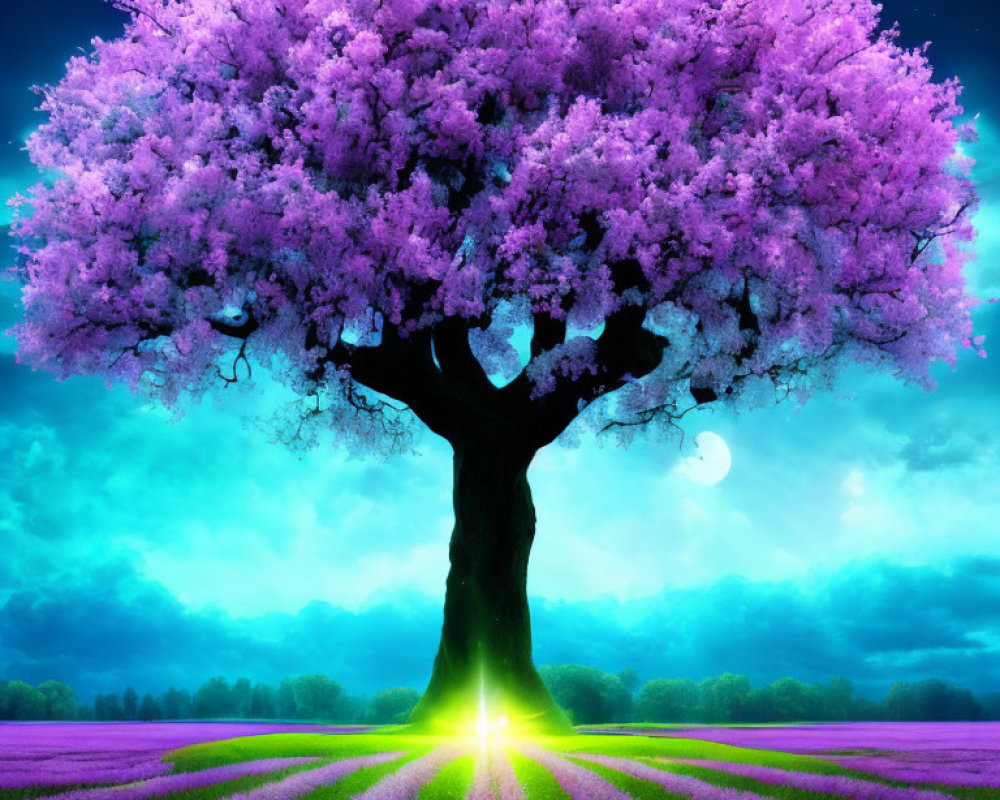 Majestic tree with pink blossoms in twilight sky over purple flower field