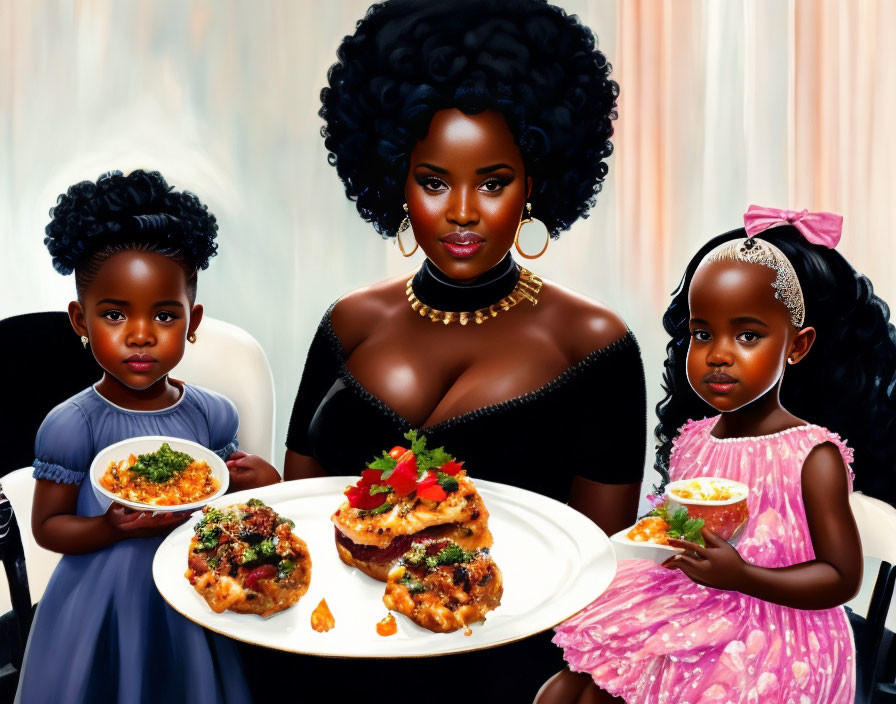 Illustration of woman with large afro and two girls in elegant attire holding plates of food