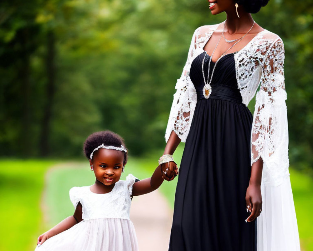 Woman and girl in black and white dresses smiling on tree-lined path