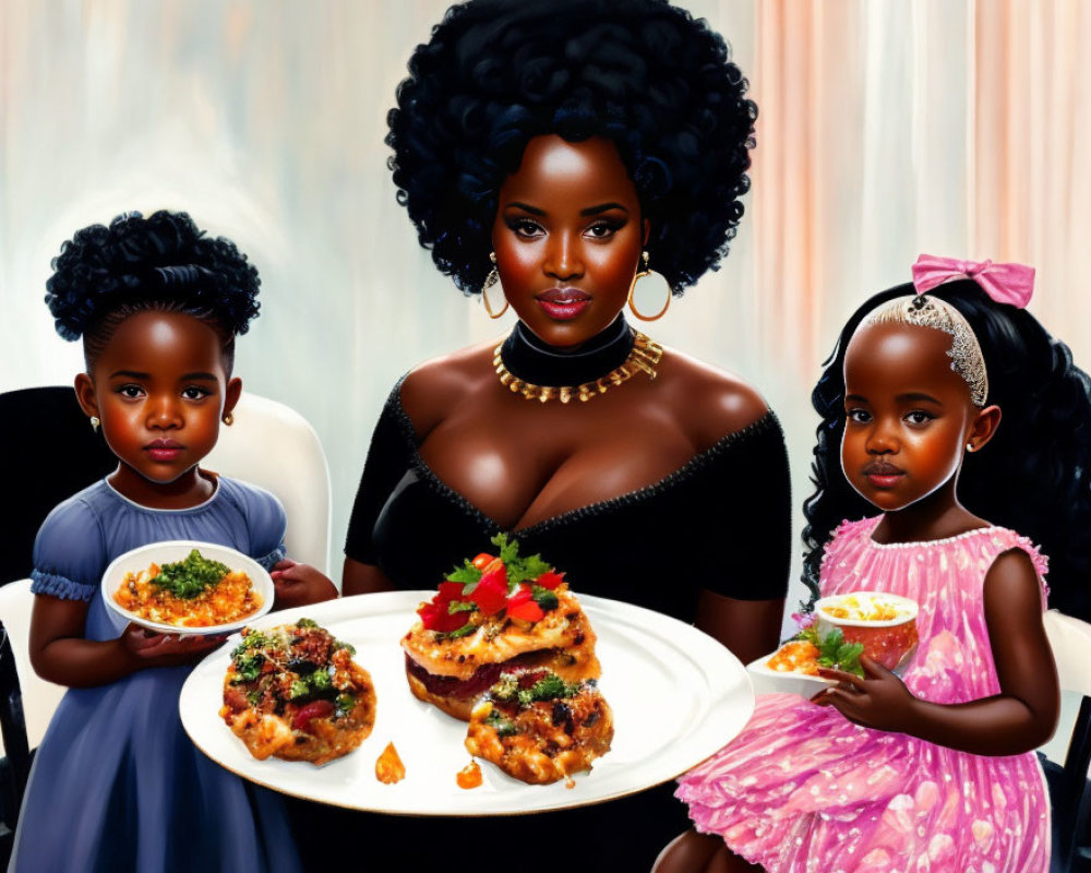 Illustration of woman with large afro and two girls in elegant attire holding plates of food