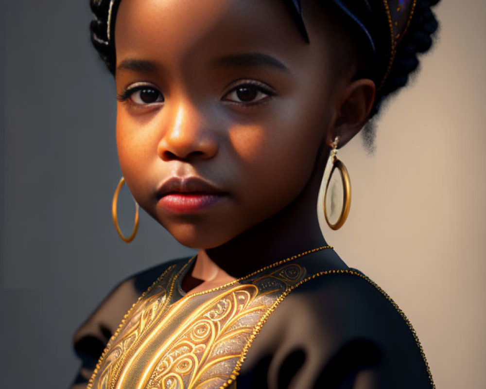 Young girl with braided hair, gold earrings, black and gold outfit gazes at camera