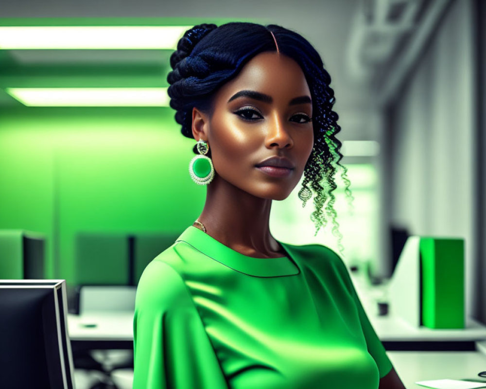 Elegant woman with updo and green attire in modern office setting