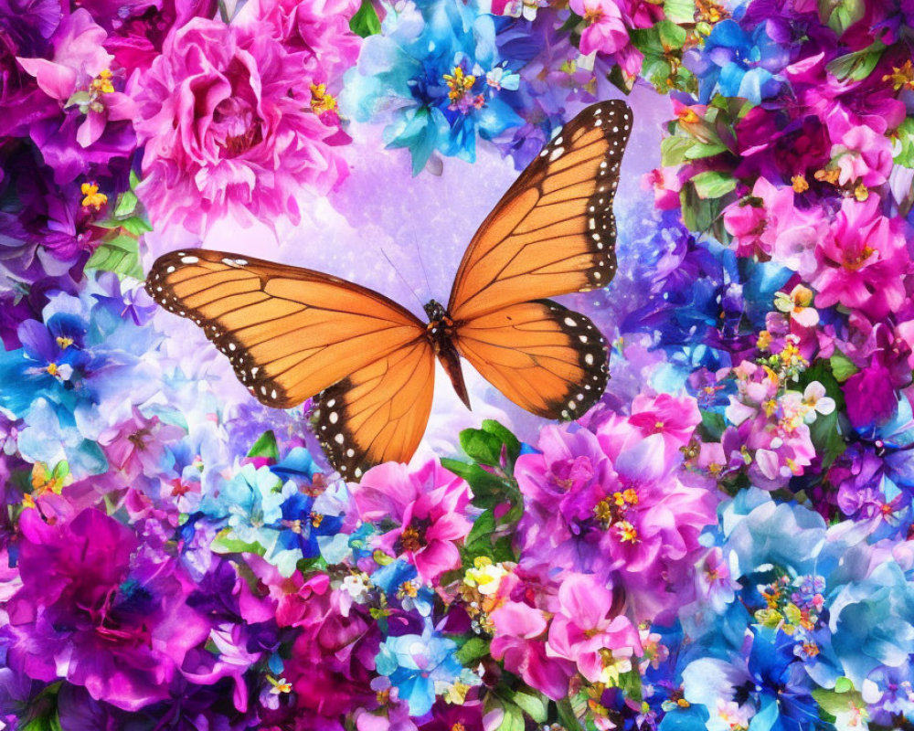 Orange Butterfly Among Colorful Artificial Flowers in Pink, Purple, and Blue