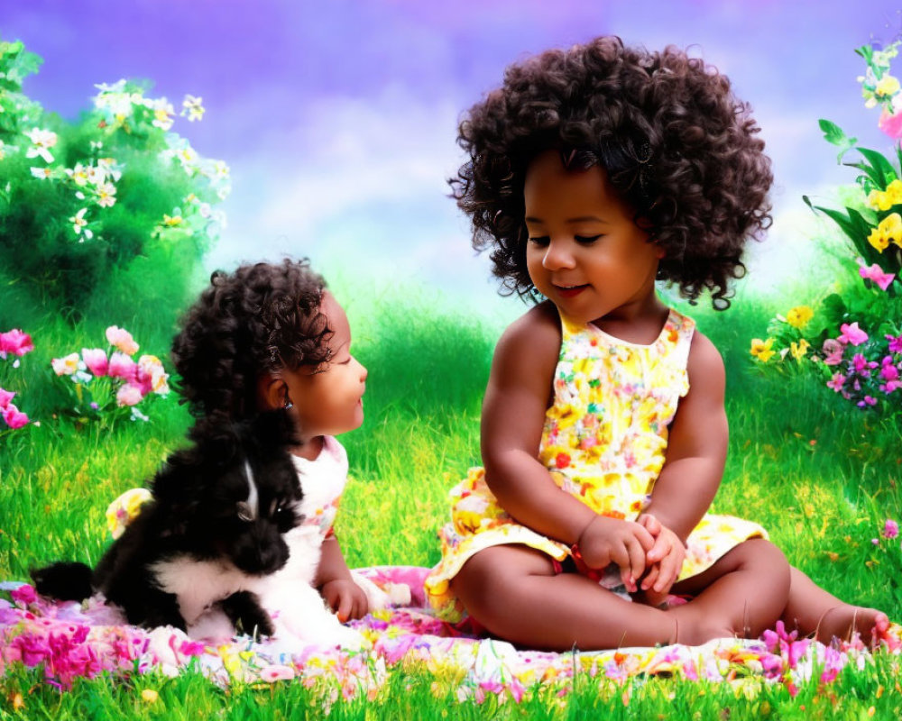 Child playing with puppy in colorful floral meadow