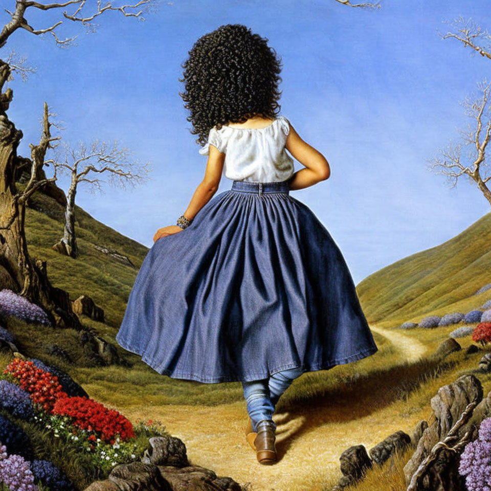 Curly-Haired Girl in Blue Dress Walking in Colorful Countryside