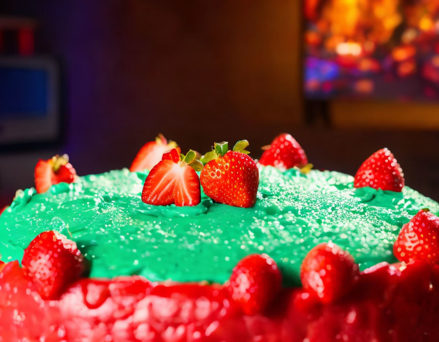 Vibrant green frosted cake with strawberries and sugar in warm-lit room