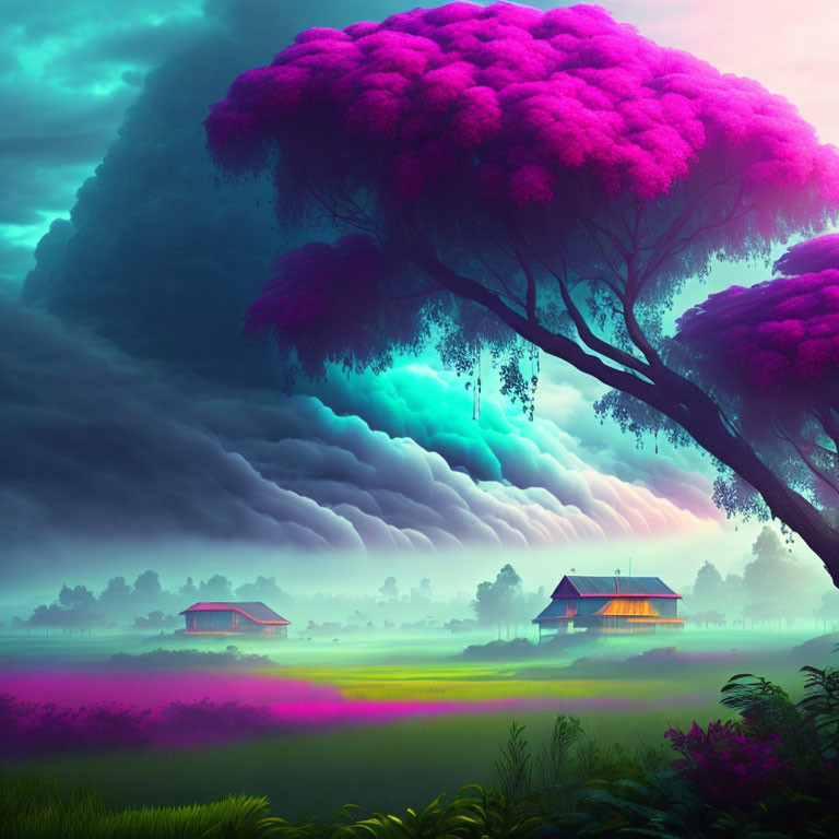 Colorful Fantasy Landscape with Purple Sky, Magenta Trees, and Green Field