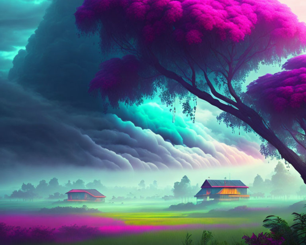 Colorful Fantasy Landscape with Purple Sky, Magenta Trees, and Green Field