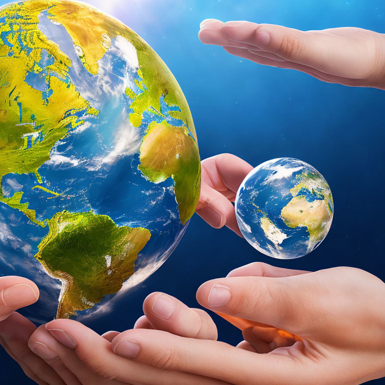 Multiple Hands Holding Realistic Earth Globes on Cosmic Background