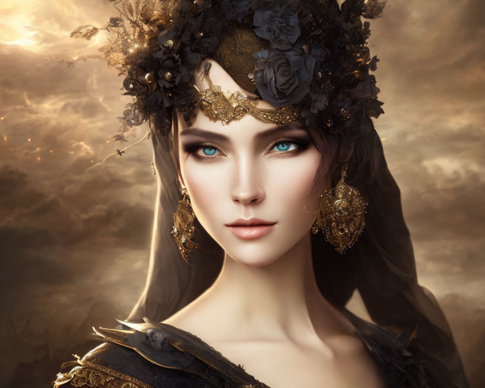 Woman with Blue Eyes and Golden Headdress under Cloudy Sky