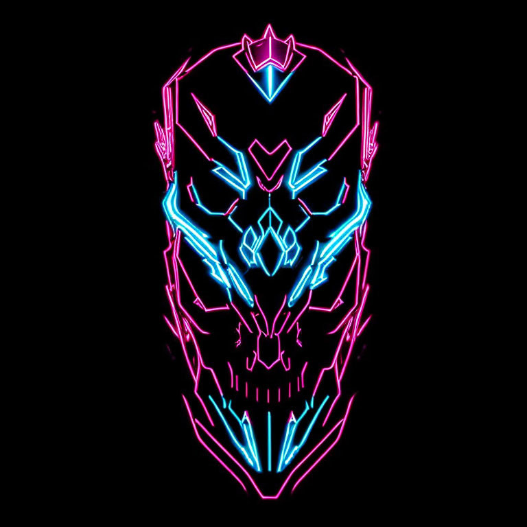 Symmetrical futuristic skull with intricate neon designs on black background
