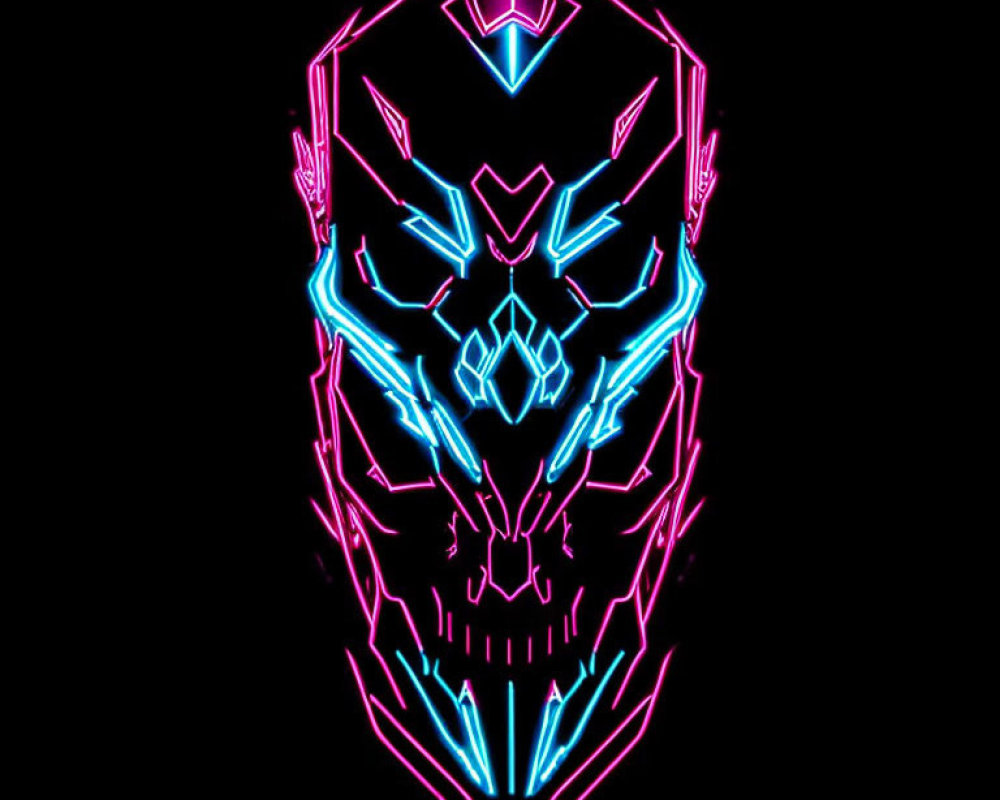 Symmetrical futuristic skull with intricate neon designs on black background