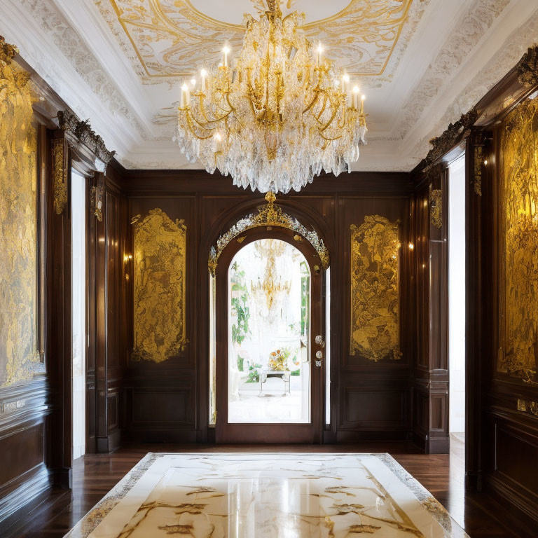 Luxurious Interconnected Rooms with Dark Wood Paneling and Crystal Chandelier