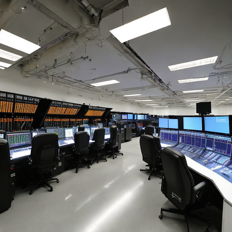 Control room with computer workstations & data screens under bright lights