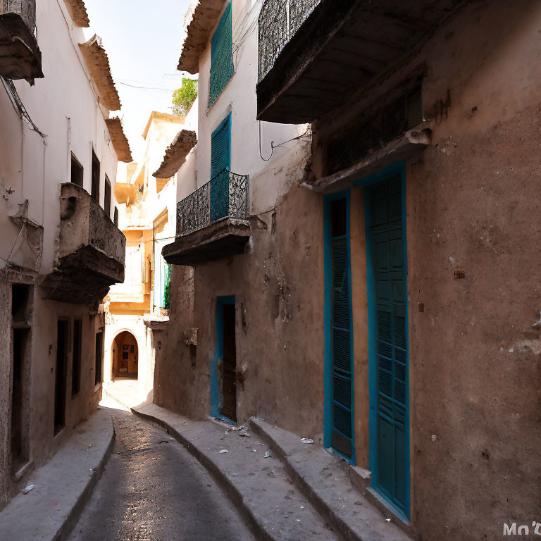 Traditional Old Town Alley with Earthy Walls and Blue Doors