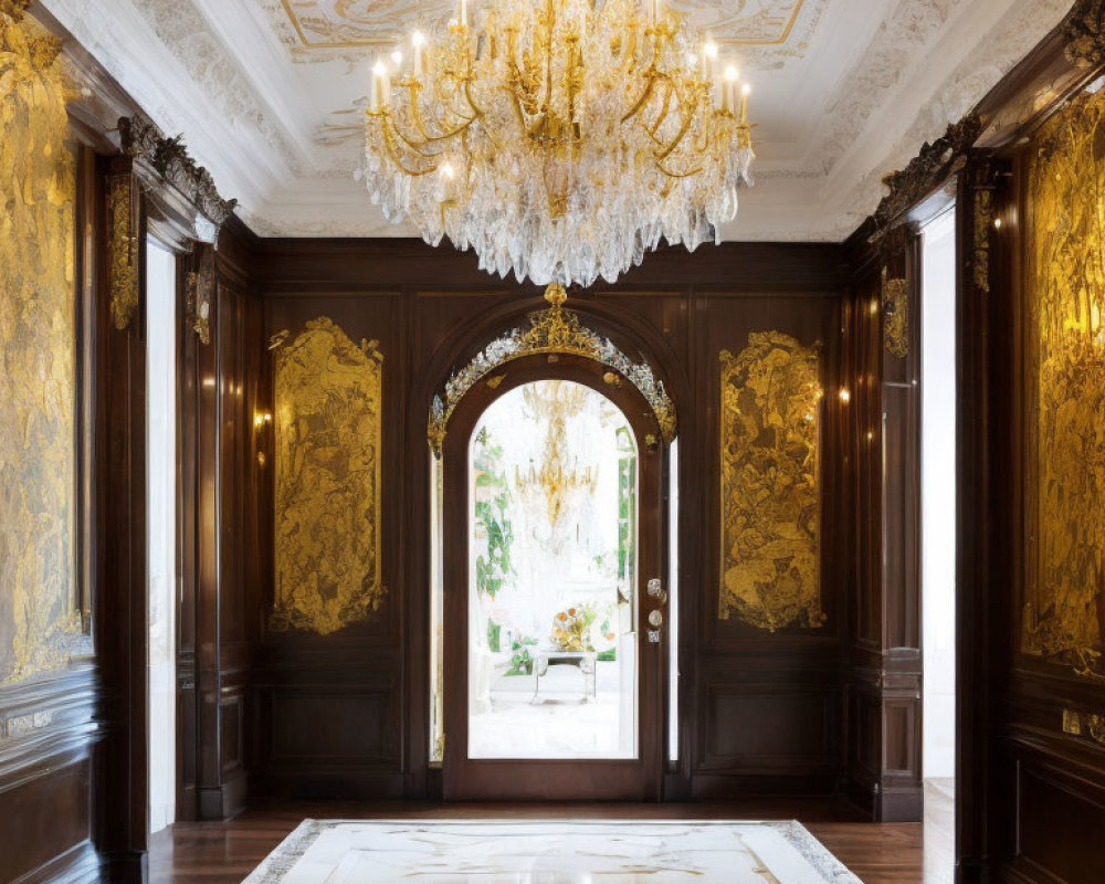 Luxurious Interconnected Rooms with Dark Wood Paneling and Crystal Chandelier