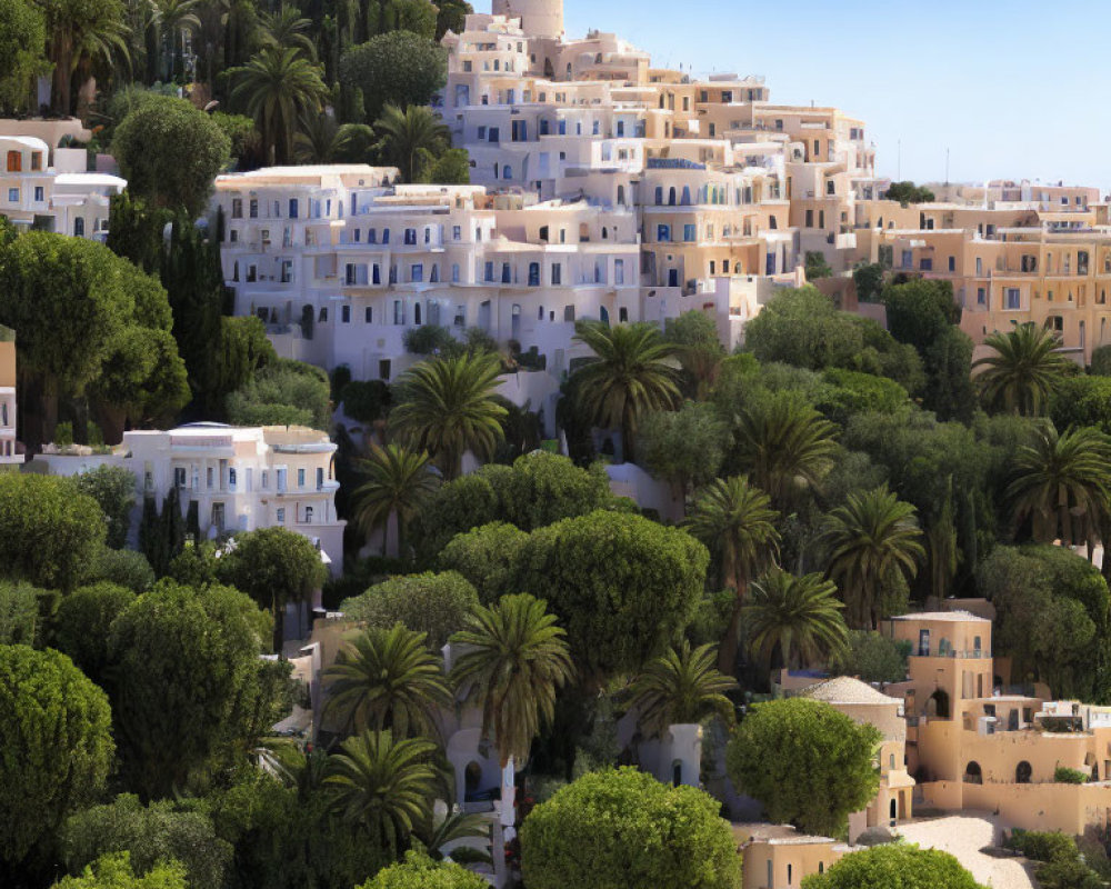 Scenic Mediterranean village with white and pastel buildings surrounded by lush green trees