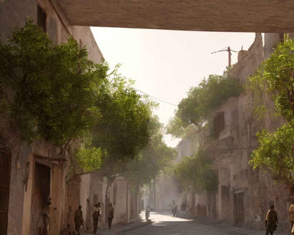 Sunlit street scene with buildings, trees, people walking, and military personnel.