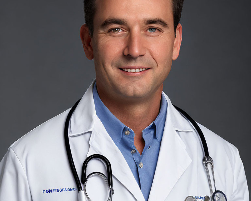 Male healthcare professional in white lab coat with stethoscope on grey background