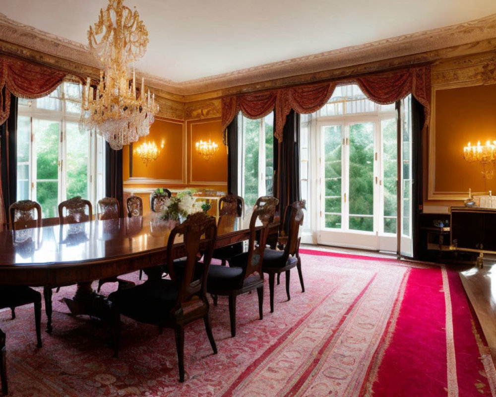 Luxurious dining room with long table, ornate chandelier, red carpet, and large windows.