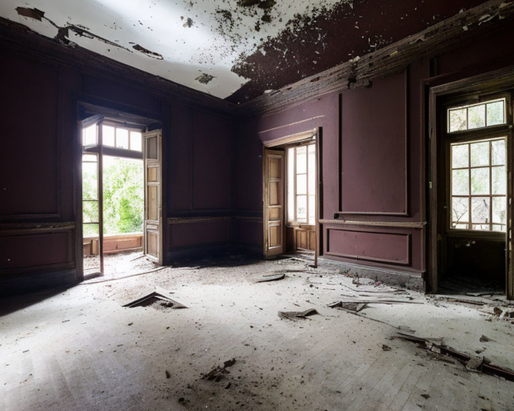 Abandoned room with peeling paint, large windows, and debris.