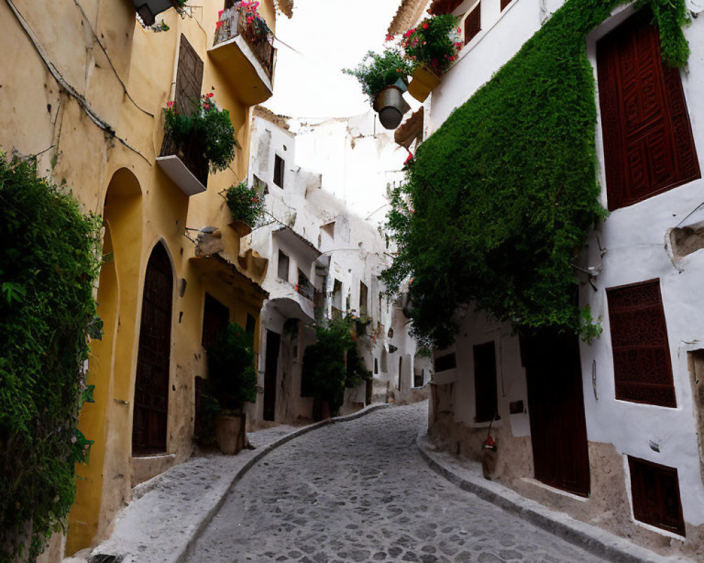 Quaint old town: winding cobblestone street, white houses, green plants