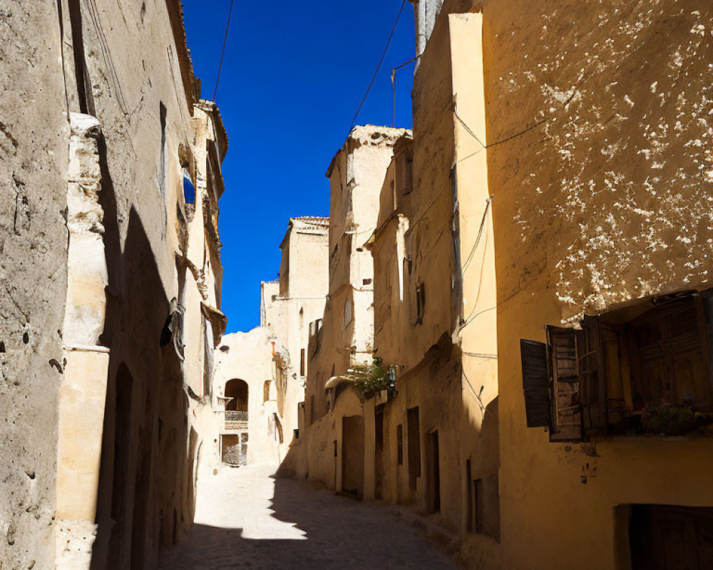 Old European Town: Narrow Cobblestone Street & Weathered Buildings