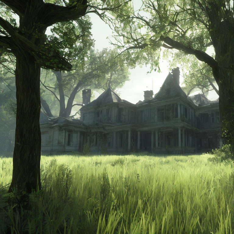 Sunlit forest scene with neglected mansion and overgrown greenery