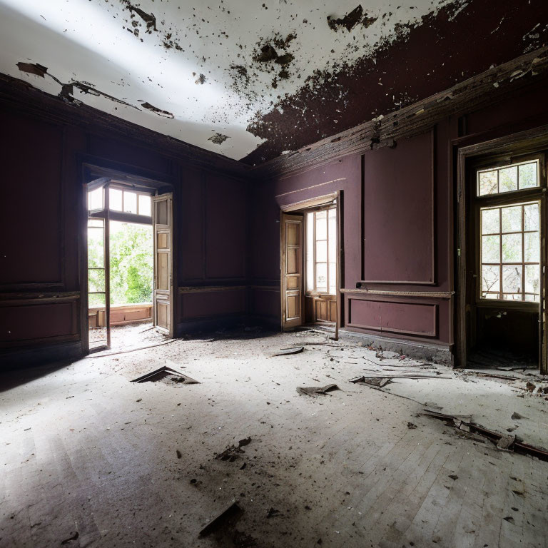 Abandoned room with peeling paint, large windows, and debris.