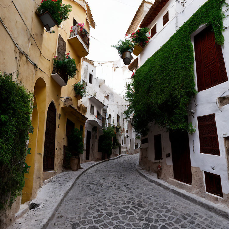 Quaint old town: winding cobblestone street, white houses, green plants