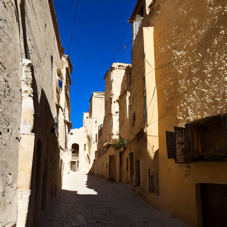 Old European Town: Narrow Cobblestone Street & Weathered Buildings