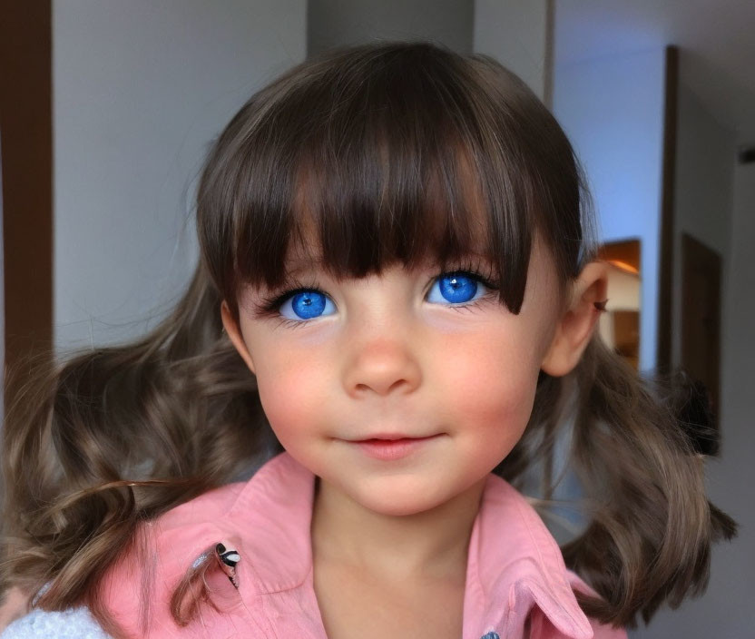 Blue-eyed girl with short brunette haircut in pink shirt smiling indoors